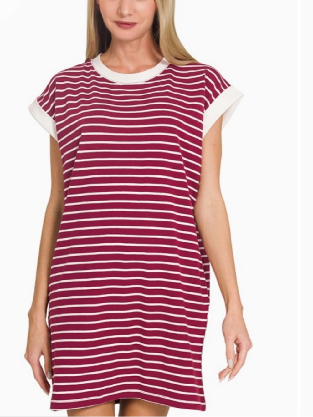 STRIPED CONTRAST TRIM RIB BANDED T-SHIRTS DRESS